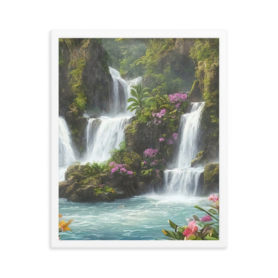 Wasserfall im Wald und Blumen - Schöne Malerei - Premium Poster mit Rahmen camping xxx 40.6 x 50.8 cm