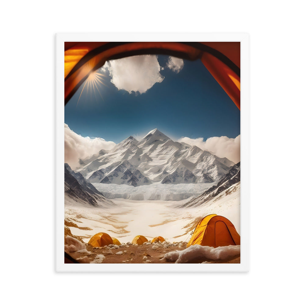 Foto aus dem Zelt - Berge und Zelte im Hintergrund - Tagesaufnahme - Premium Poster mit Rahmen camping xxx 40.6 x 50.8 cm