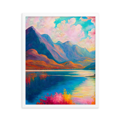 Berglandschaft und Bergsee - Farbige Ölmalerei - Premium Poster mit Rahmen berge xxx 40.6 x 50.8 cm