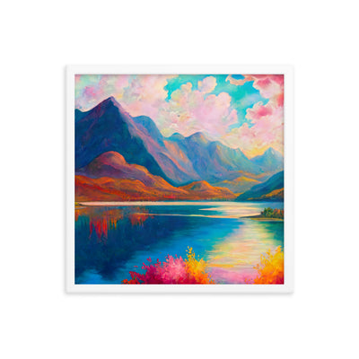 Berglandschaft und Bergsee - Farbige Ölmalerei - Premium Poster mit Rahmen berge xxx 45.7 x 45.7 cm