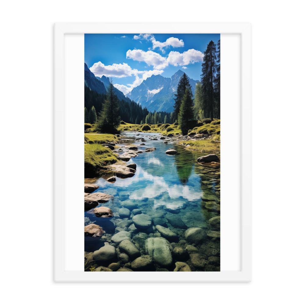 Österreichische Alpen und steiniger Bach - Premium Poster mit Rahmen berge xxx 45.7 x 61 cm