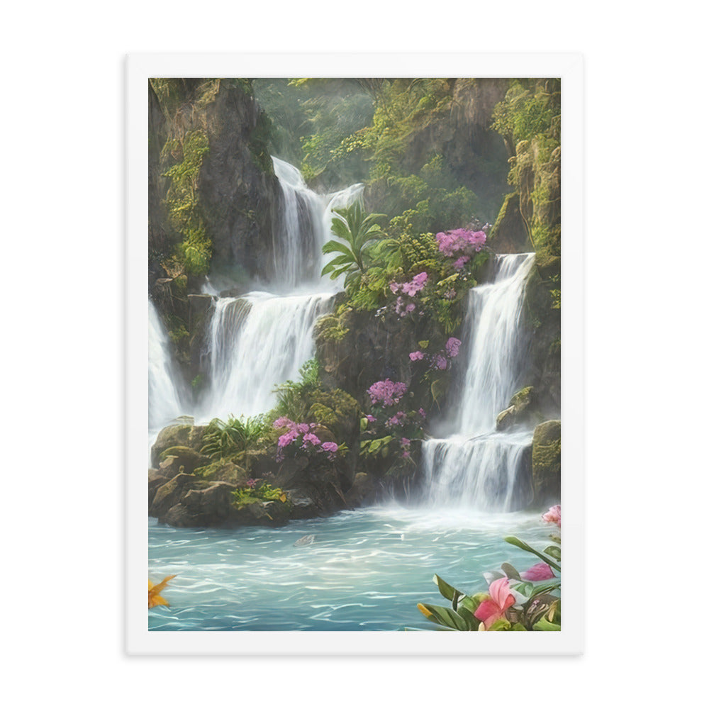 Wasserfall im Wald und Blumen - Schöne Malerei - Premium Poster mit Rahmen camping xxx 45.7 x 61 cm