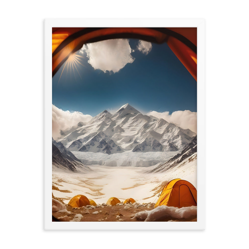 Foto aus dem Zelt - Berge und Zelte im Hintergrund - Tagesaufnahme - Premium Poster mit Rahmen camping xxx 45.7 x 61 cm