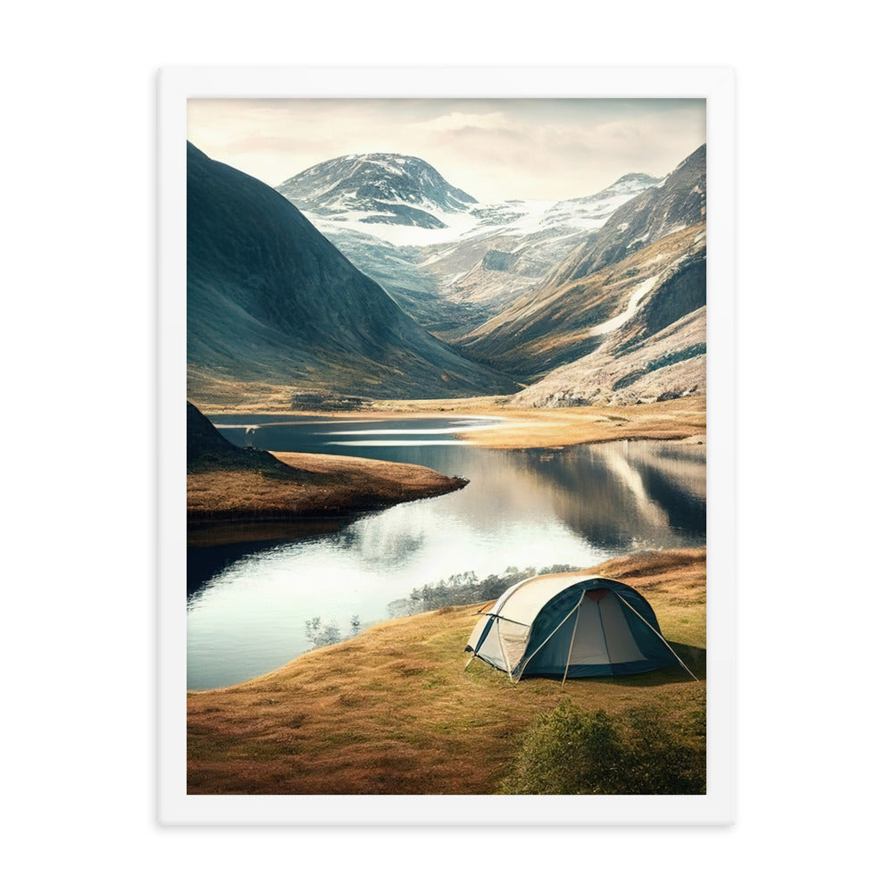 Zelt, Berge und Bergsee - Premium Poster mit Rahmen camping xxx Weiß 45.7 x 61 cm