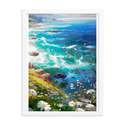 Berge, Blumen, Fluss und Steine - Malerei - Premium Poster mit Rahmen camping xxx 45.7 x 61 cm