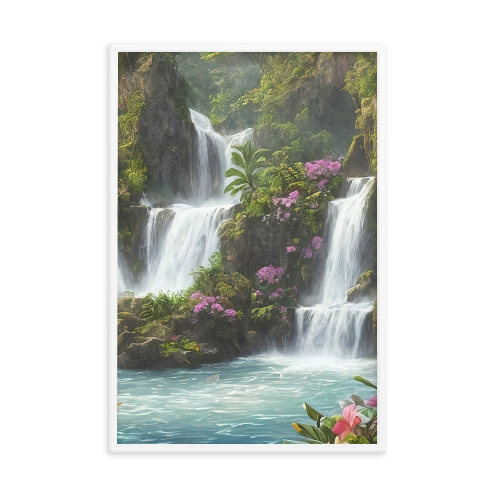 Wasserfall im Wald und Blumen - Schöne Malerei - Premium Poster mit Rahmen camping xxx 61 x 91.4 cm