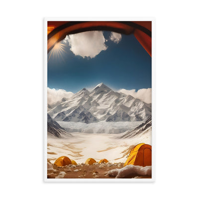 Foto aus dem Zelt - Berge und Zelte im Hintergrund - Tagesaufnahme - Premium Poster mit Rahmen camping xxx 61 x 91.4 cm