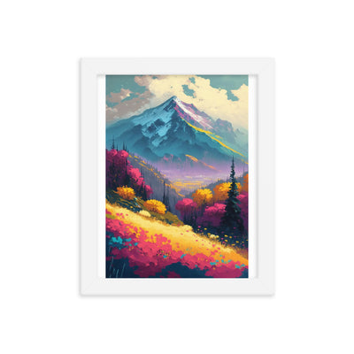 Berge, pinke und gelbe Bäume, sowie Blumen - Farbige Malerei - Premium Poster mit Rahmen berge xxx 20.3 x 25.4 cm