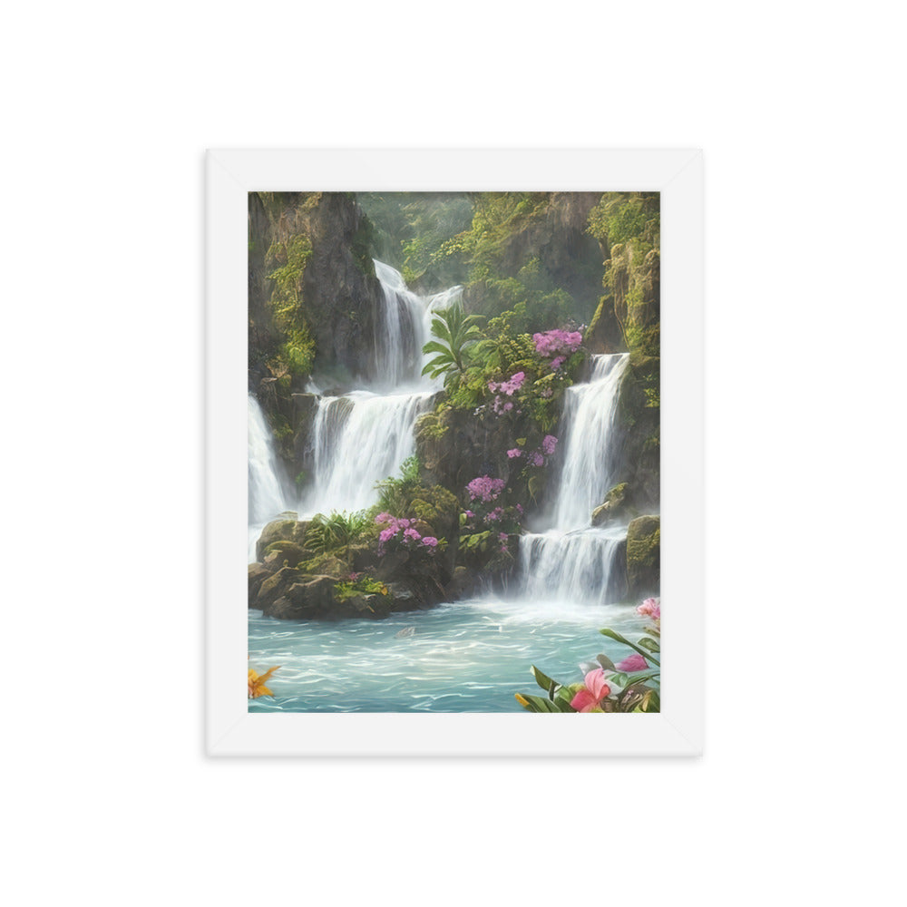 Wasserfall im Wald und Blumen - Schöne Malerei - Premium Poster mit Rahmen camping xxx 20.3 x 25.4 cm