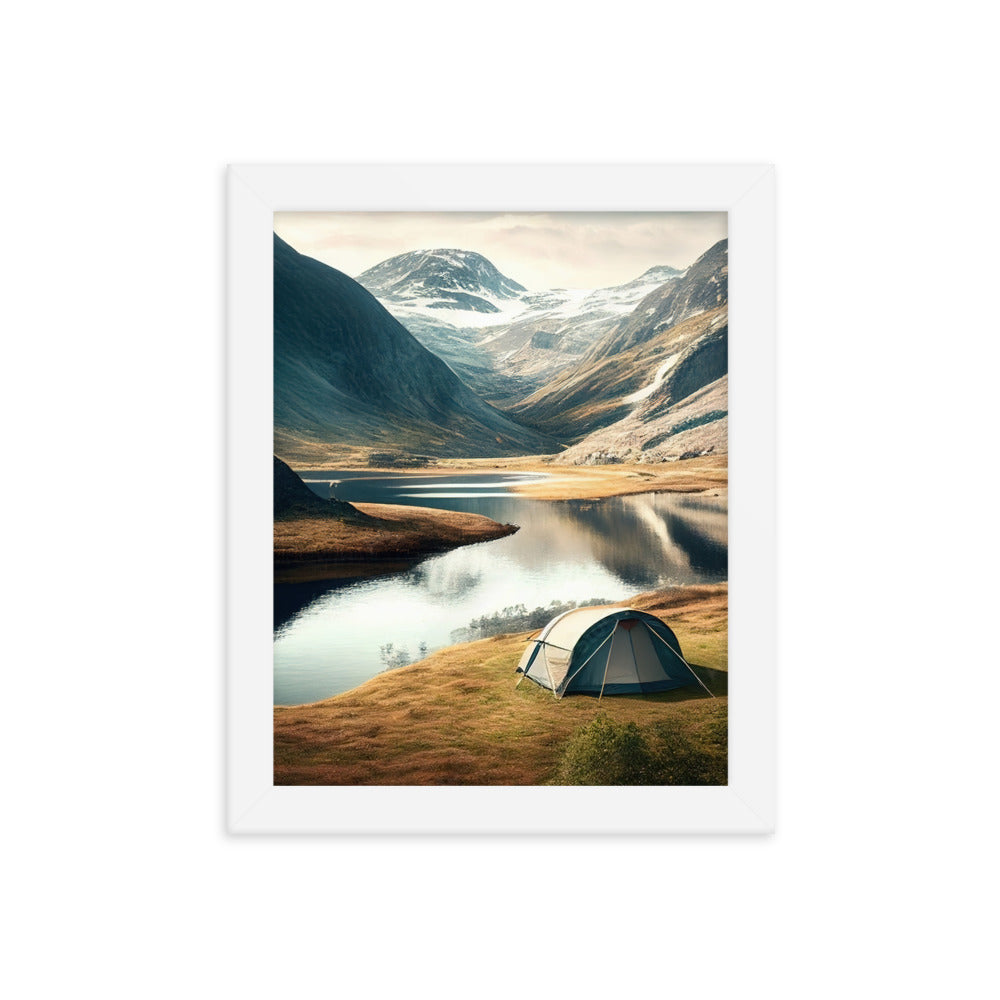 Zelt, Berge und Bergsee - Premium Poster mit Rahmen camping xxx Weiß 20.3 x 25.4 cm