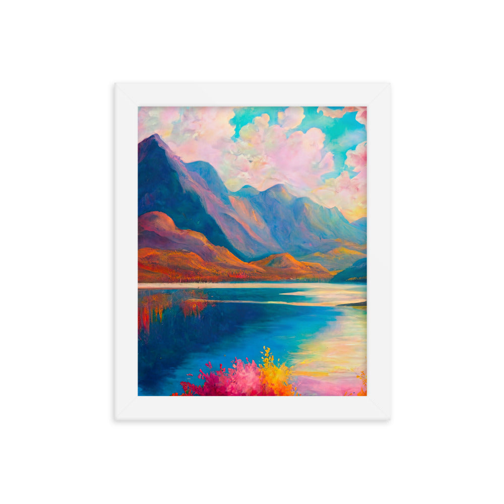 Berglandschaft und Bergsee - Farbige Ölmalerei - Premium Poster mit Rahmen berge xxx 20.3 x 25.4 cm