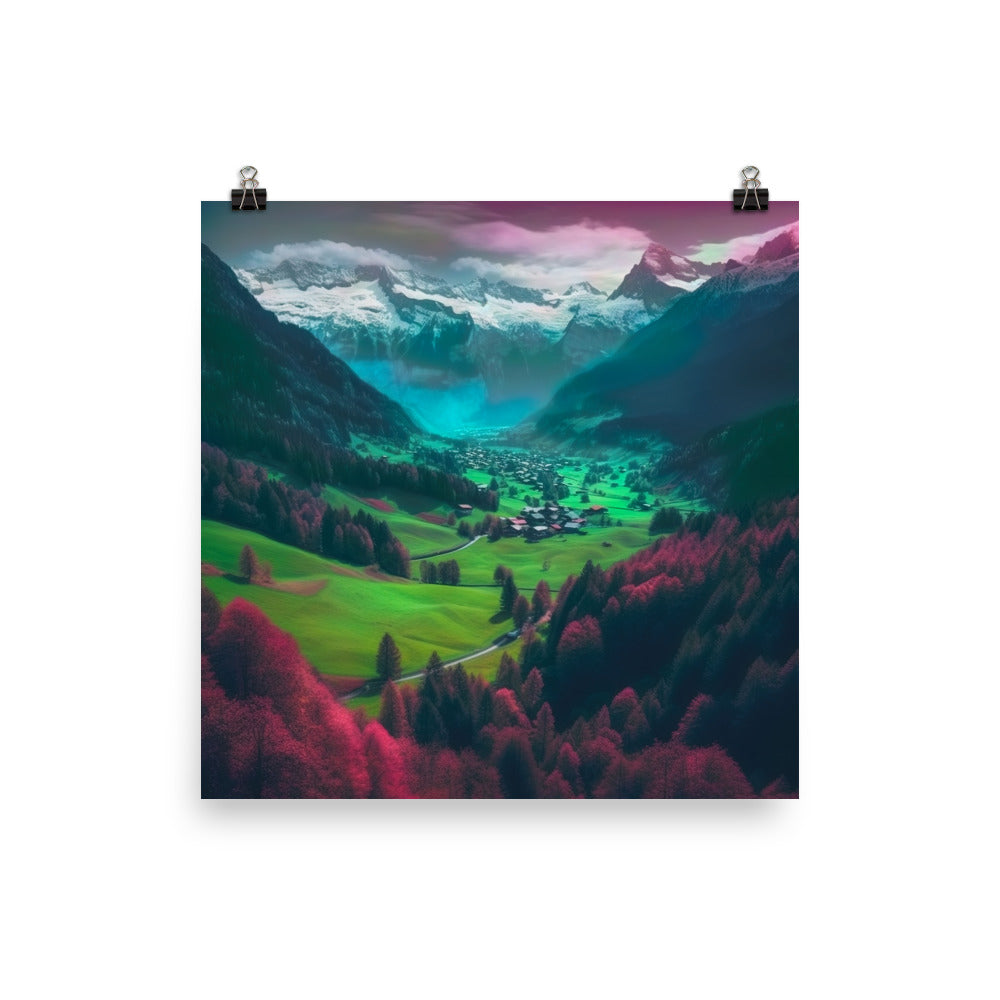 Berglandschaft und Dorf - Fotorealistische Malerei - Poster berge xxx 25.4 x 25.4 cm