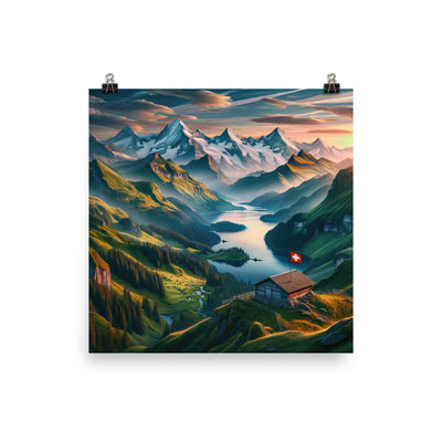 Schweizer Flagge, Alpenidylle: Dämmerlicht, epische Berge und stille Gewässer - Poster berge xxx yyy zzz 25.4 x 25.4 cm