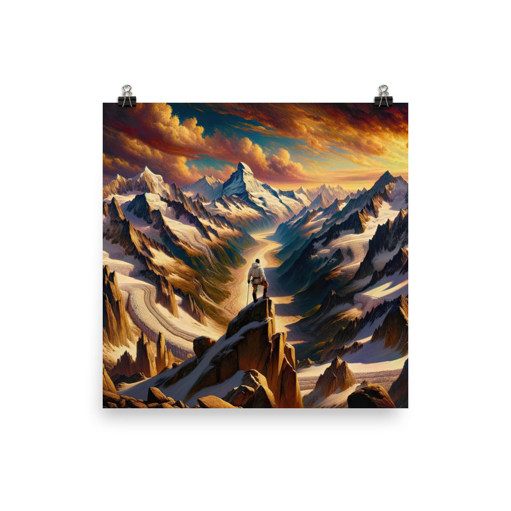 Ölgemälde eines Wanderers auf einem Hügel mit Panoramablick auf schneebedeckte Alpen und goldenen Himmel - Enhanced Matte Paper Poster wandern xxx yyy zzz 25.4 x 25.4 cm