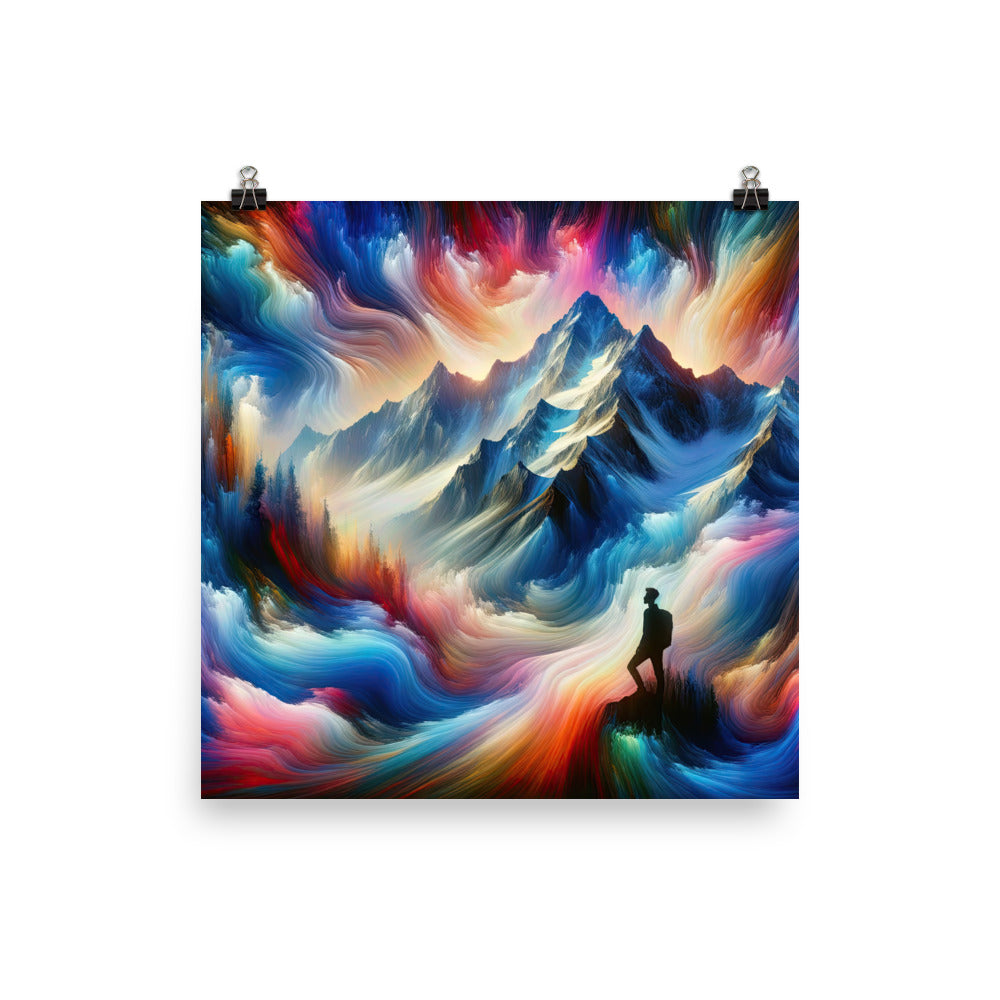 Foto eines abstrakt-expressionistischen Alpengemäldes mit Wanderersilhouette - Poster wandern xxx yyy zzz 25.4 x 25.4 cm