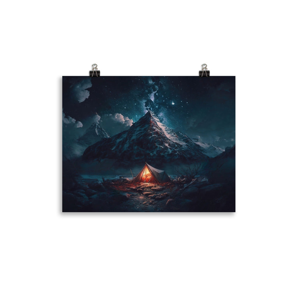 Zelt und Berg in der Nacht - Sterne am Himmel - Landschaftsmalerei - Poster camping xxx 27.9 x 35.6 cm