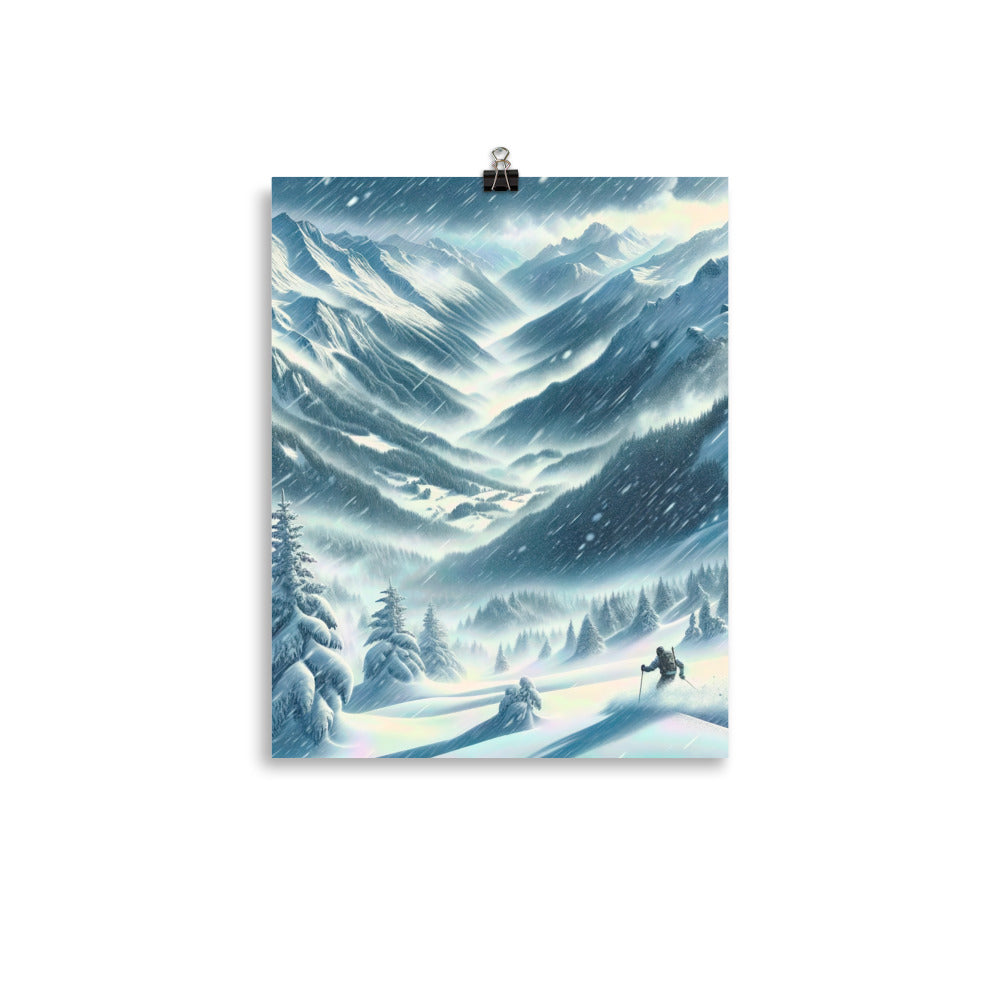 Alpine Wildnis im Wintersturm mit Skifahrer, verschneite Landschaft - Poster klettern ski xxx yyy zzz 27.9 x 35.6 cm