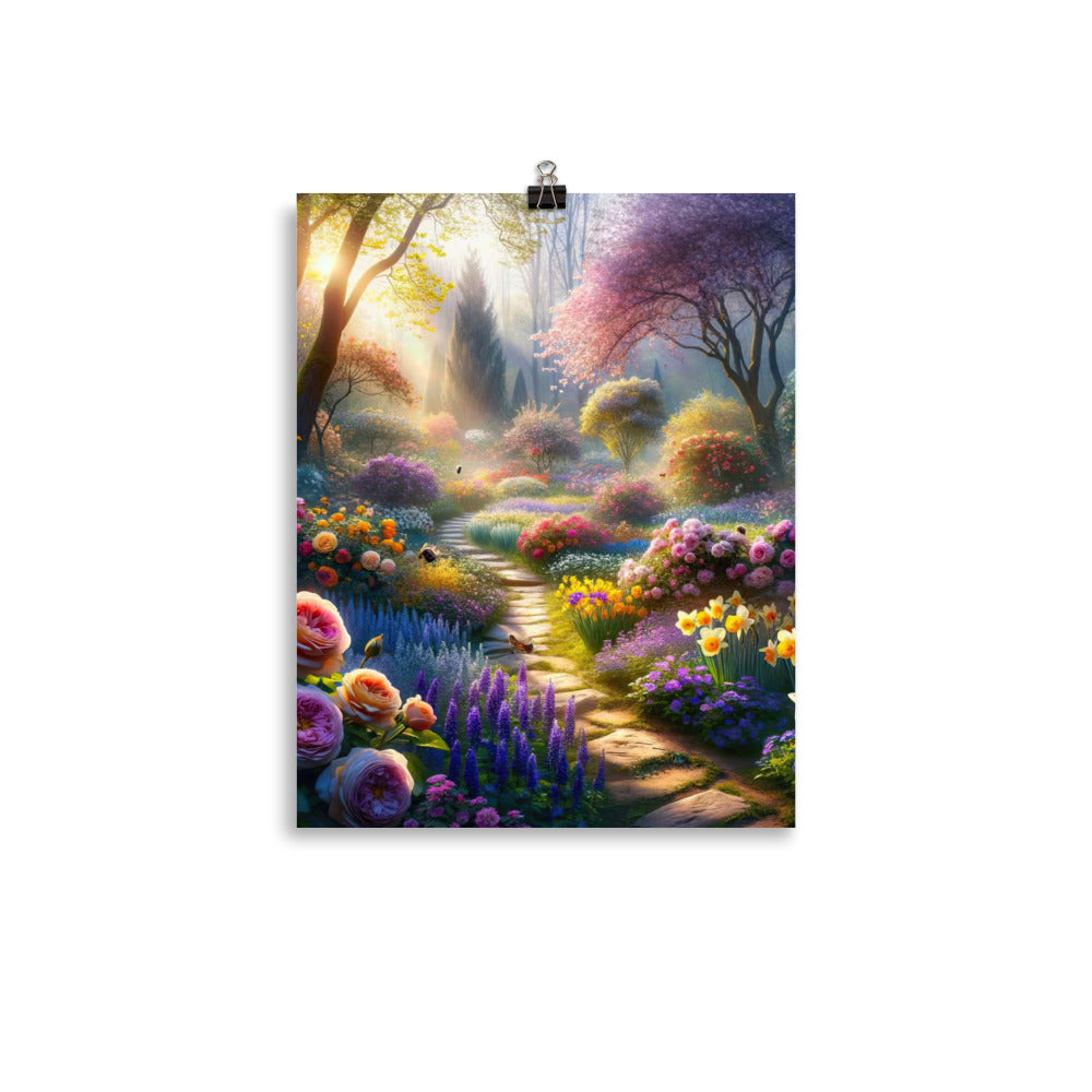 Foto einer Gartenszene im Frühling mit Weg durch blühende Rosen und Veilchen - Poster camping xxx yyy zzz 27.9 x 35.6 cm