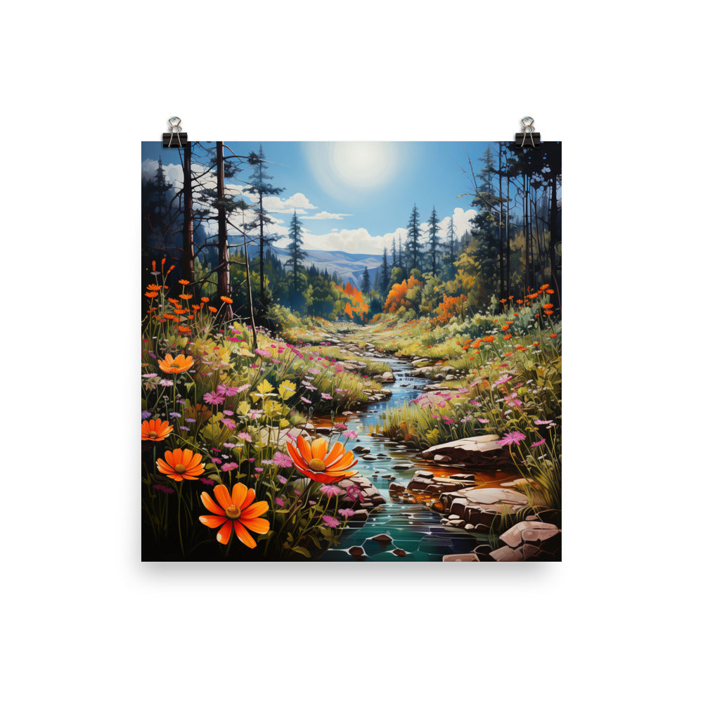 Berge, schöne Blumen und Bach im Wald - Poster berge xxx 30.5 x 30.5 cm