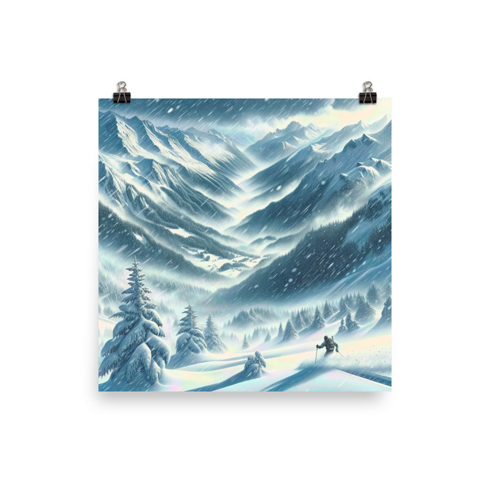 Alpine Wildnis im Wintersturm mit Skifahrer, verschneite Landschaft - Poster klettern ski xxx yyy zzz 30.5 x 30.5 cm