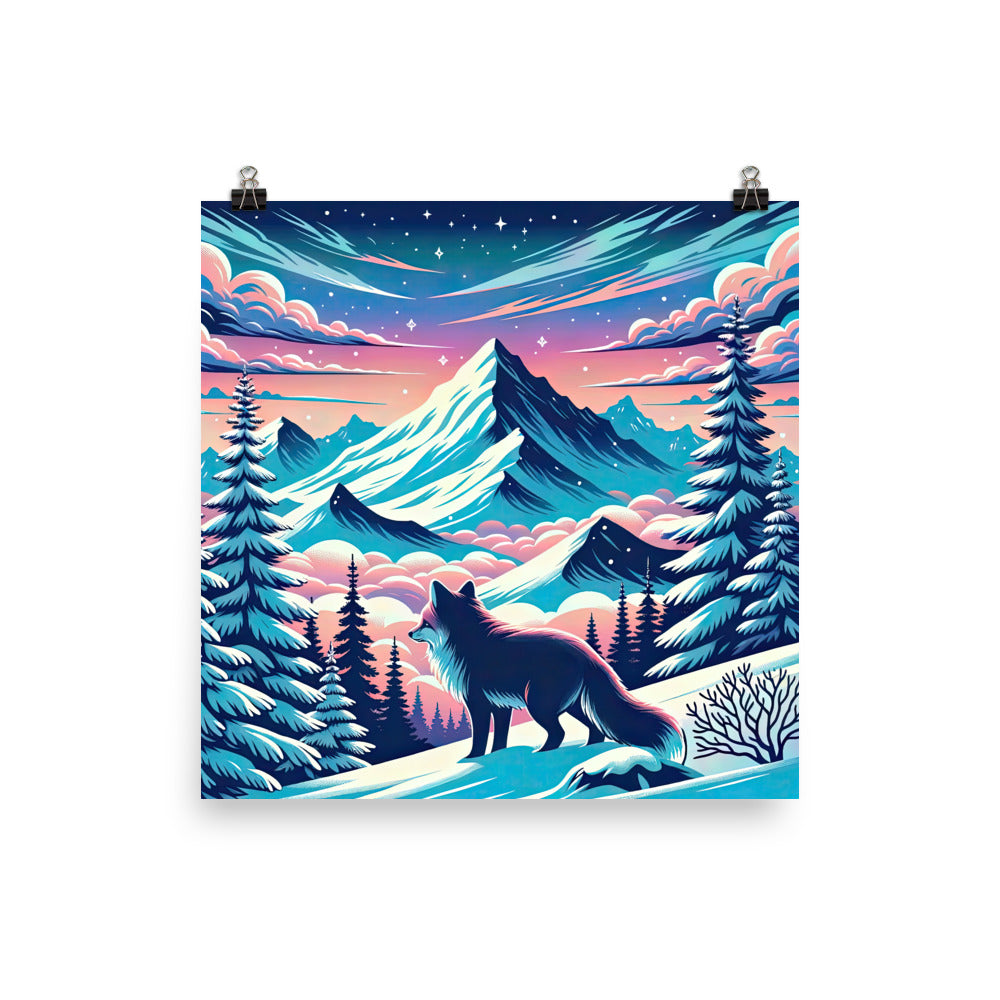 Vektorgrafik eines alpinen Winterwunderlandes mit schneebedeckten Kiefern und einem Fuchs - Poster camping xxx yyy zzz 30.5 x 30.5 cm