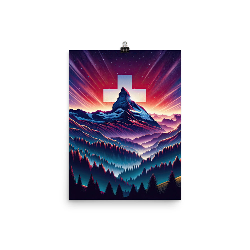 Alpenszene in Dämmerung mit Schweizer Flagge - Poster berge xxx yyy zzz 30.5 x 40.6 cm