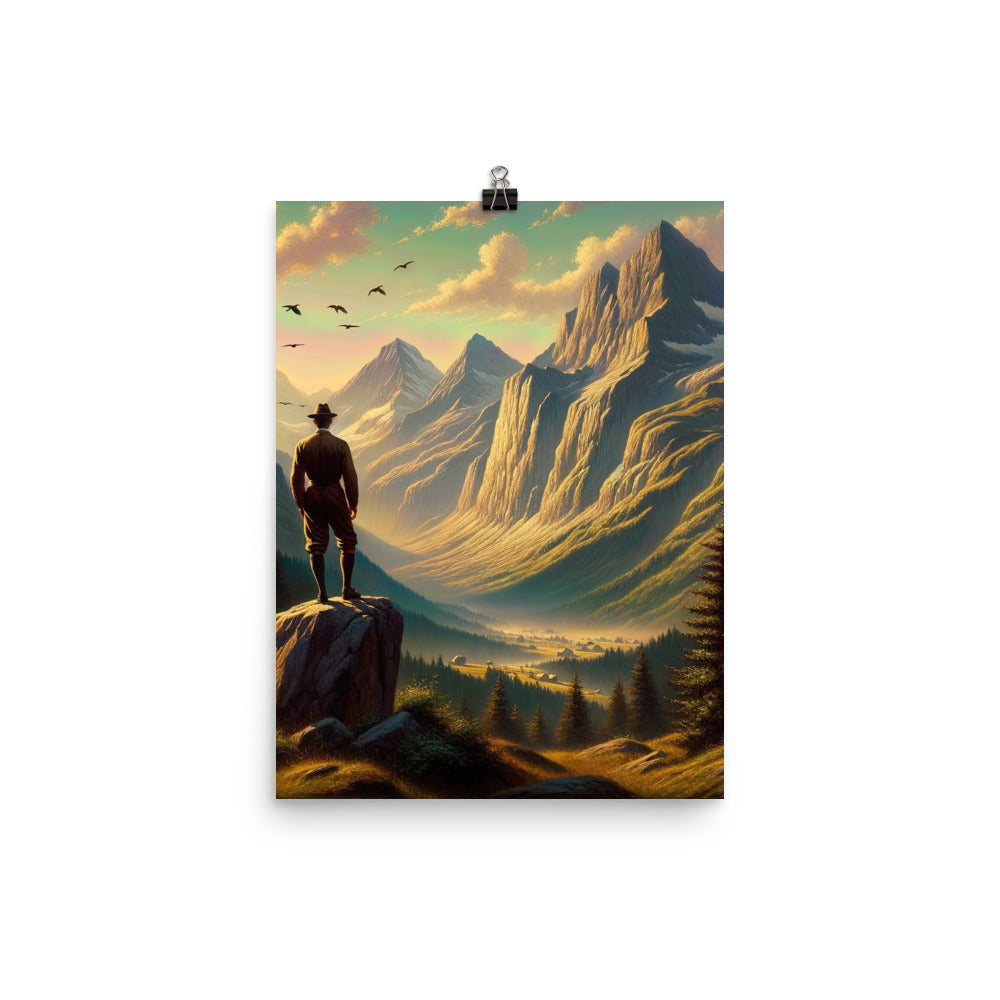 Ölgemälde eines Schweizer Wanderers in den Alpen bei goldenem Sonnenlicht - Poster wandern xxx yyy zzz 30.5 x 40.6 cm