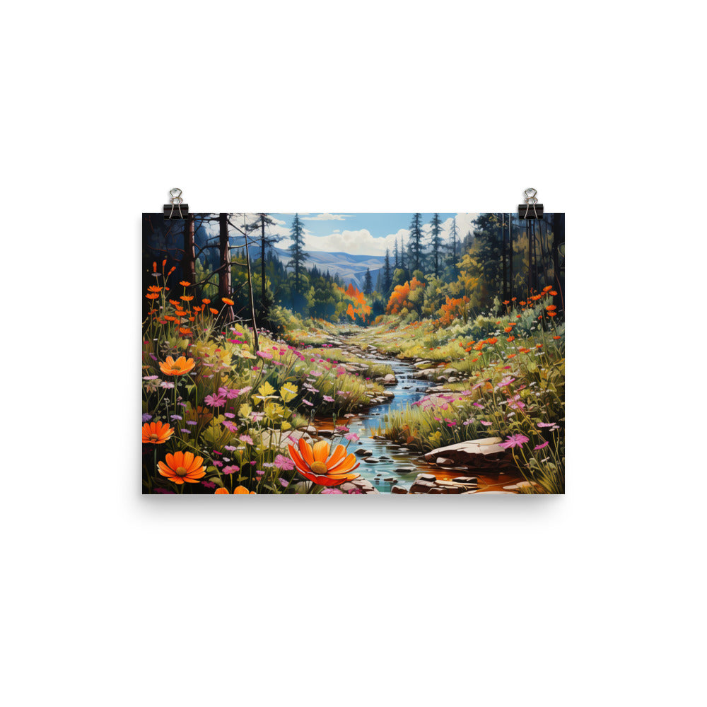 Berge, schöne Blumen und Bach im Wald - Poster berge xxx 30.5 x 45.7 cm