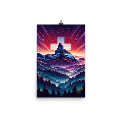 Alpenszene in Dämmerung mit Schweizer Flagge - Poster berge xxx yyy zzz 30.5 x 45.7 cm