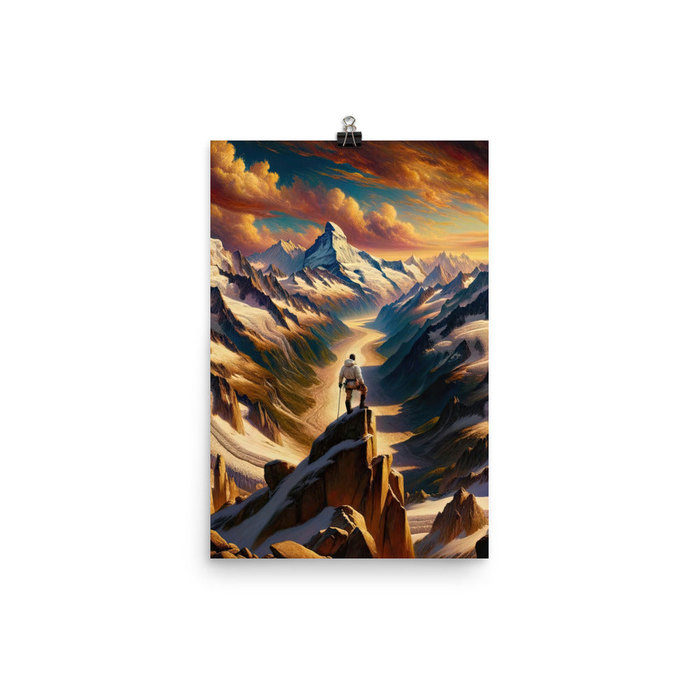 Ölgemälde eines Wanderers auf einem Hügel mit Panoramablick auf schneebedeckte Alpen und goldenen Himmel - Enhanced Matte Paper Poster wandern xxx yyy zzz 30.5 x 45.7 cm