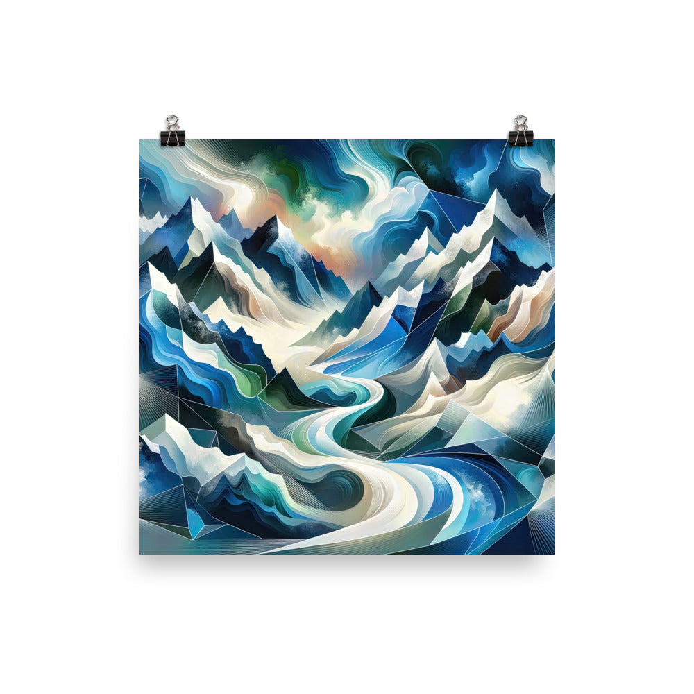 Abstrakte Kunst der Alpen, die geometrische Formen verbindet, um Berggipfel, Täler und Flüsse im Schnee darzustellen. . - Enhanced Matte berge xxx yyy zzz 35.6 x 35.6 cm