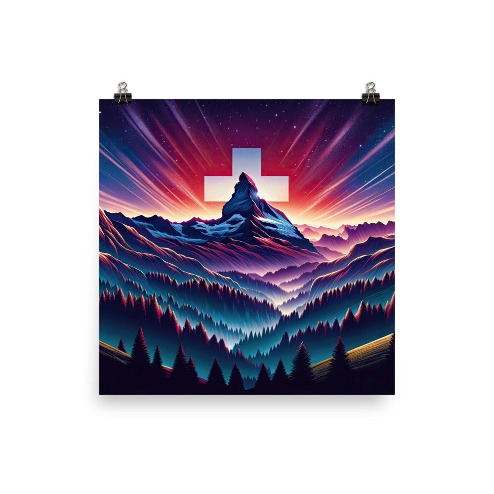 Alpenszene in Dämmerung mit Schweizer Flagge - Poster berge xxx yyy zzz 35.6 x 35.6 cm