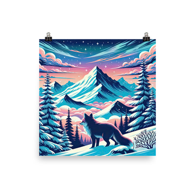 Vektorgrafik eines alpinen Winterwunderlandes mit schneebedeckten Kiefern und einem Fuchs - Poster camping xxx yyy zzz 35.6 x 35.6 cm