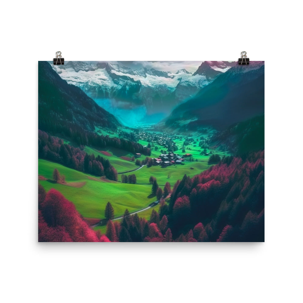 Berglandschaft und Dorf - Fotorealistische Malerei - Poster berge xxx 40.6 x 50.8 cm