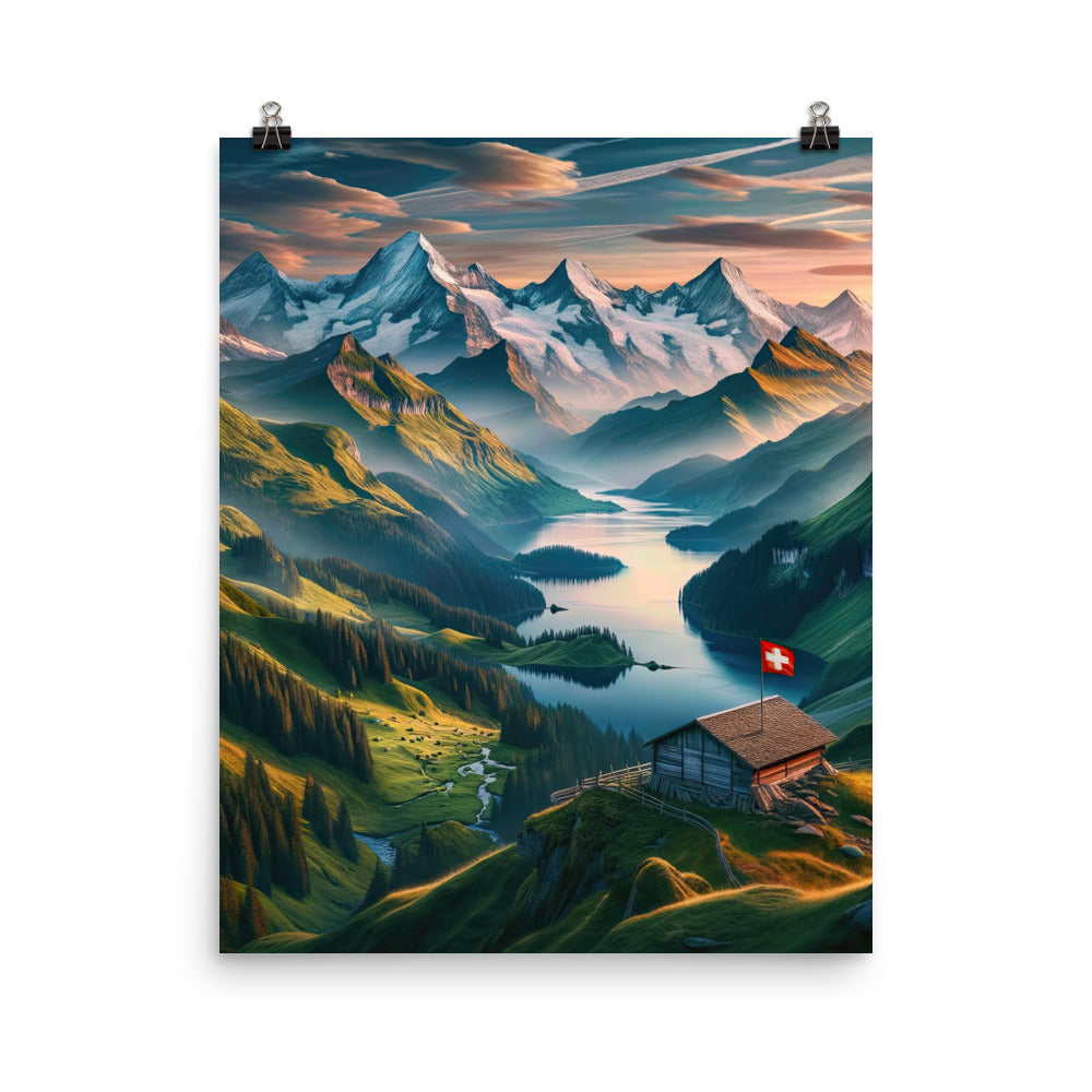 Schweizer Flagge, Alpenidylle: Dämmerlicht, epische Berge und stille Gewässer - Poster berge xxx yyy zzz 40.6 x 50.8 cm