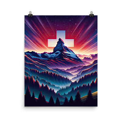 Alpenszene in Dämmerung mit Schweizer Flagge - Poster berge xxx yyy zzz 40.6 x 50.8 cm