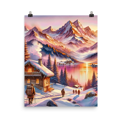 Aquarell eines Alpenpanoramas mit Wanderern bei Sonnenuntergang in Rosa und Gold - Poster wandern xxx yyy zzz 40.6 x 50.8 cm