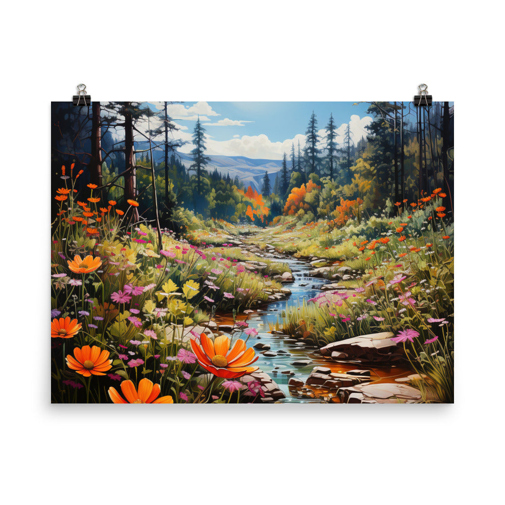 Berge, schöne Blumen und Bach im Wald - Poster berge xxx 45.7 x 61 cm