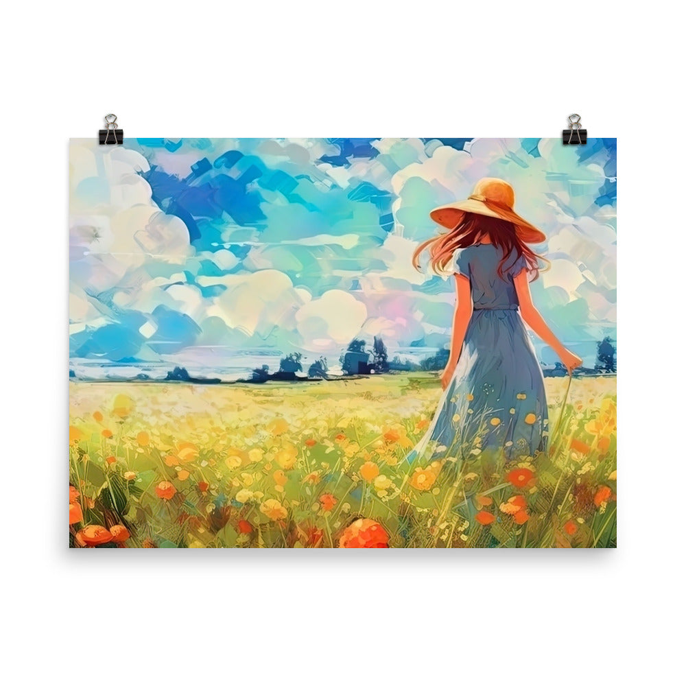 Dame mit Hut im Feld mit Blumen - Landschaftsmalerei - Poster camping xxx 45.7 x 61 cm