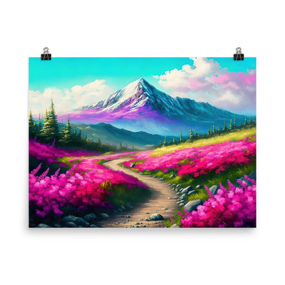 Berg, pinke Blumen und Wanderweg - Landschaftsmalerei - Poster berge xxx 45.7 x 61 cm