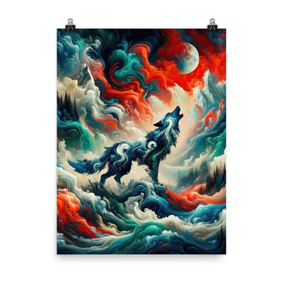 Abstrakte Kunst eines Wolfes in den Alpen mit Mustern aus eisigem Blau und Waldgrün verschmelzen mit feurigen Farben (AN) - Enhanced Matte xxx yyy zzz 45.7 x 61 cm