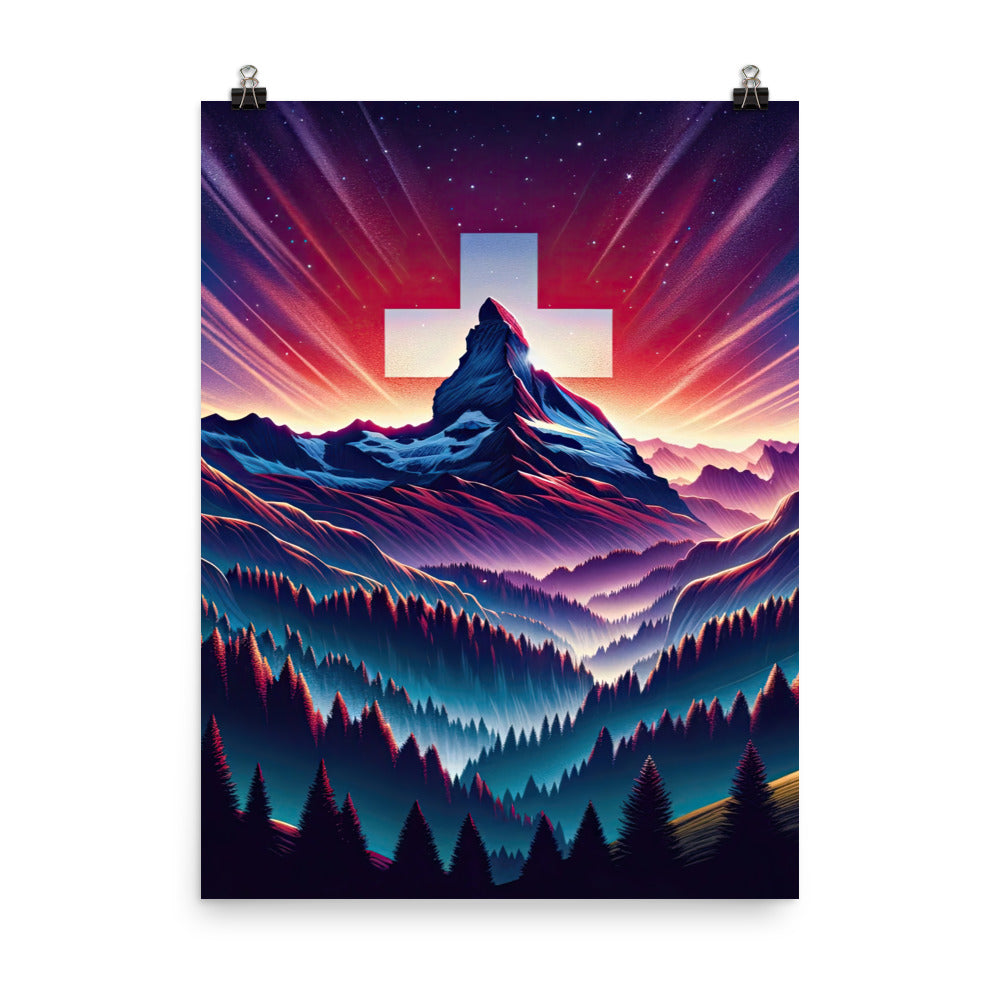 Alpenszene in Dämmerung mit Schweizer Flagge - Poster berge xxx yyy zzz 45.7 x 61 cm