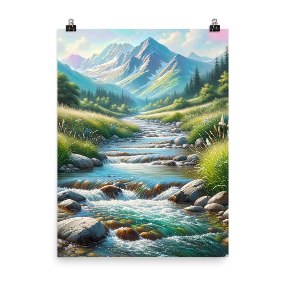 Sanfter Gebirgsbach in Ölgemälde, klares Wasser über glatten Felsen - Poster berge xxx yyy zzz 45.7 x 61 cm