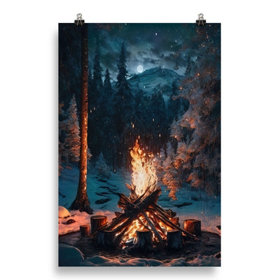 Lagerfeuer beim Camping - Wald mit Schneebedeckten Bäumen - Malerei - Poster camping xxx 50.8 x 76.2 cm