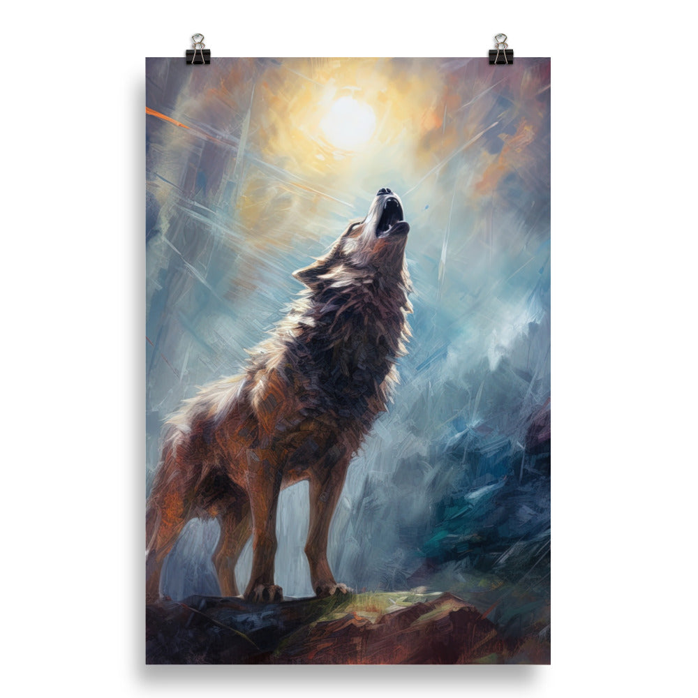 Heulender Wolf auf Berggipfel und Mond im Hintergrund – Abstrakte Malerei - Poster camping xxx 50.8 x 76.2 cm