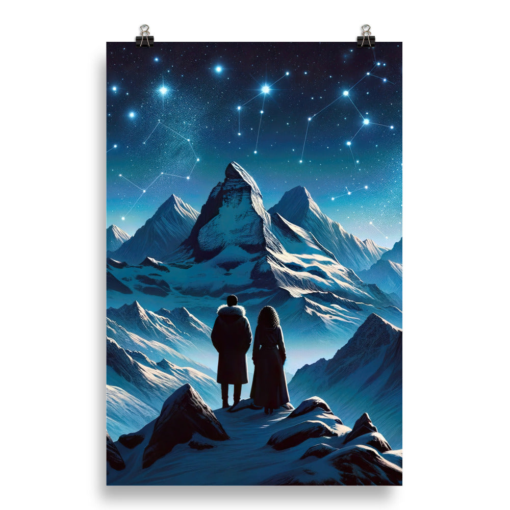 Alpenwinternacht: Digitale Kunst mit Wanderern in Bergen und Sternenhimmel - Poster wandern xxx yyy zzz 50.8 x 76.2 cm