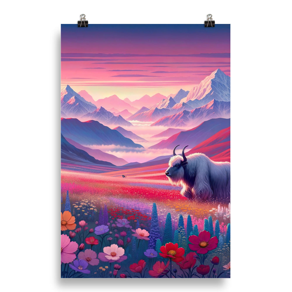 Verträumte Berg-Abenddämmerung mit Hochlandrind und blumigem Glanz - Poster berge xxx yyy zzz 50.8 x 76.2 cm