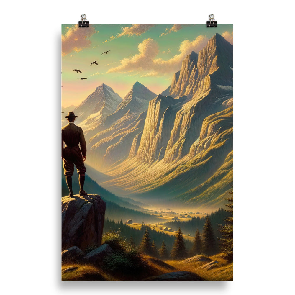 Ölgemälde eines Schweizer Wanderers in den Alpen bei goldenem Sonnenlicht - Poster wandern xxx yyy zzz 50.8 x 76.2 cm