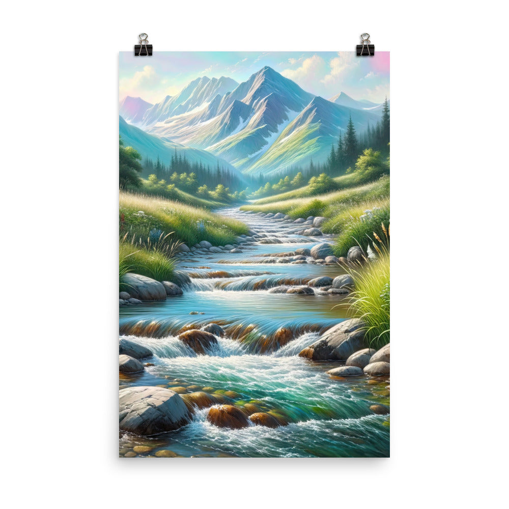 Sanfter Gebirgsbach in Ölgemälde, klares Wasser über glatten Felsen - Poster berge xxx yyy zzz 61 x 91.4 cm