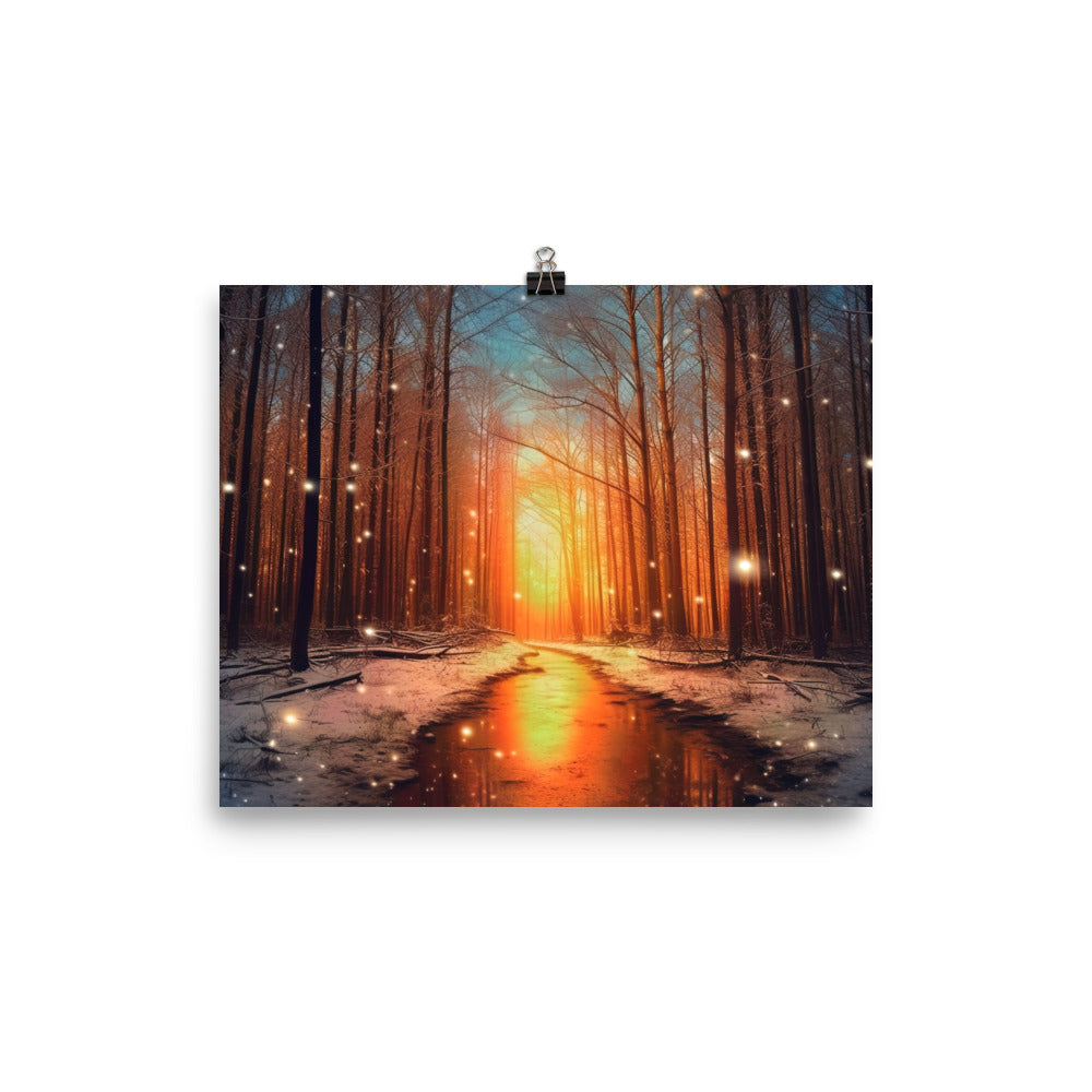 Bäume im Winter, Schnee, Sonnenaufgang und Fluss - Poster camping xxx 20.3 x 25.4 cm